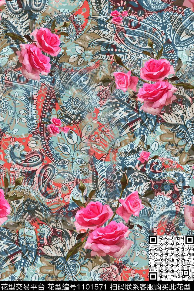 肌理抽象花卉复古数码印花华亿平台下载（图片编号: 1101571） - 瓦栏（Walan）