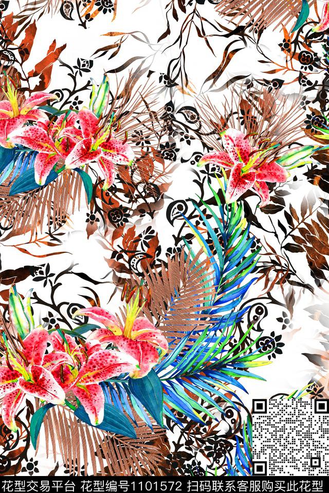 绿植树叶热带华亿平台抽象数码印花华亿平台下载（图片编号: 1101572） - 瓦栏（Walan）
