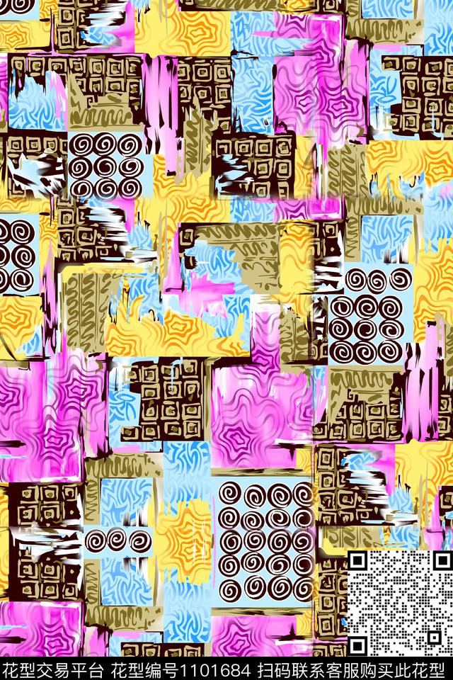 抽象几何手绘花卉数码印花华亿平台下载（图片编号: 1101684） - 瓦栏（Walan）