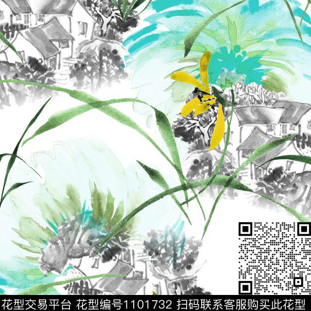 花卉水墨风房舍数码印花华亿平台下载（图片编号: 1101732） - 瓦栏（Walan）