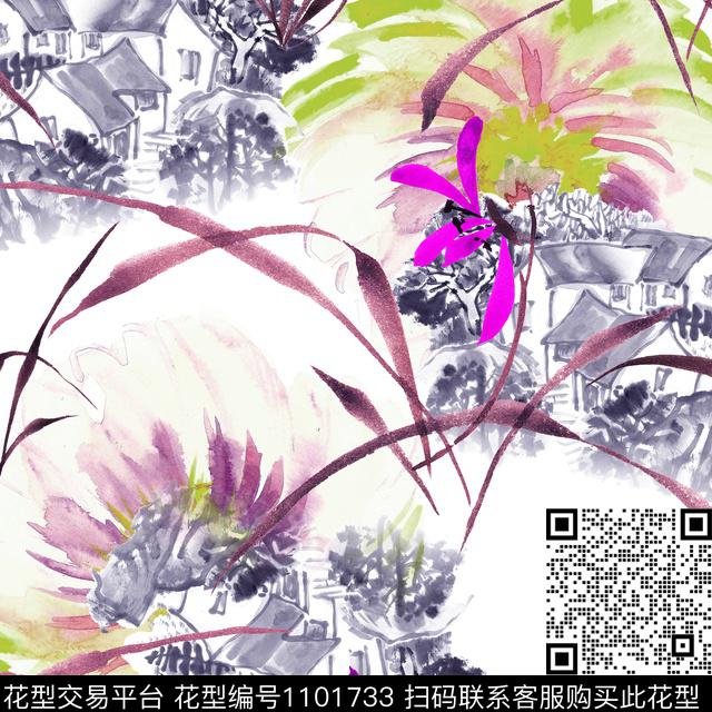 花卉水墨风房舍数码印花华亿平台下载（图片编号: 1101733） - 瓦栏（Walan）