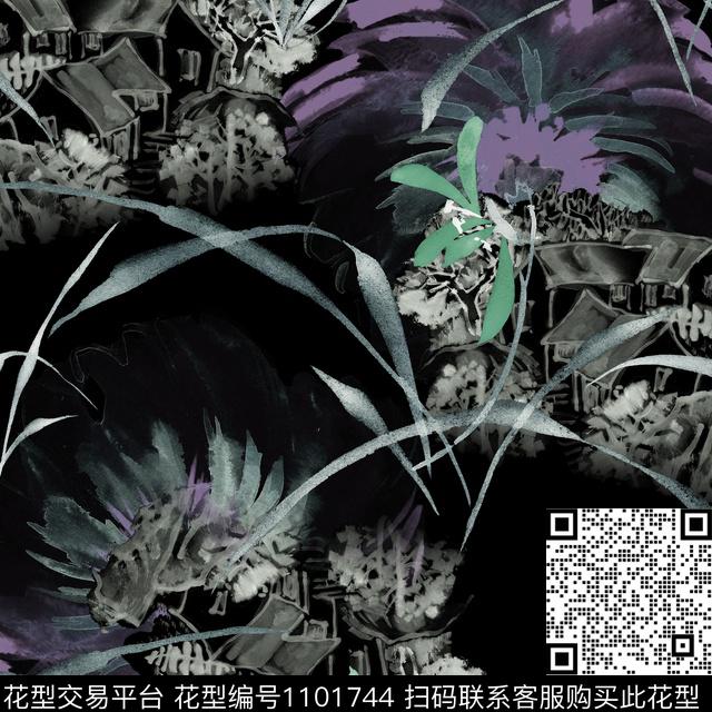 花卉水墨风房舍数码印花华亿平台下载（图片编号: 1101744） - 瓦栏（Walan）