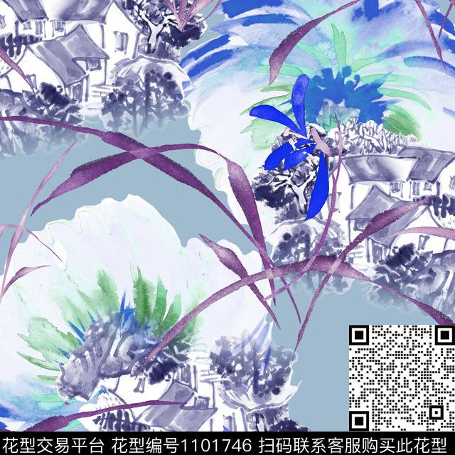 花卉水墨风房舍数码印花华亿平台下载（图片编号: 1101746） - 瓦栏（Walan）