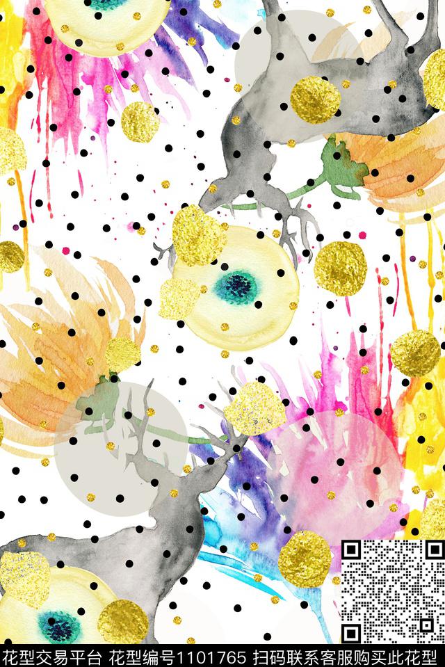 鹿水墨风波点数码印花华亿平台下载（图片编号: 1101765） - 瓦栏（Walan）