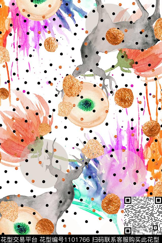 鹿水墨风波点数码印花华亿平台下载（图片编号: 1101766） - 瓦栏（Walan）