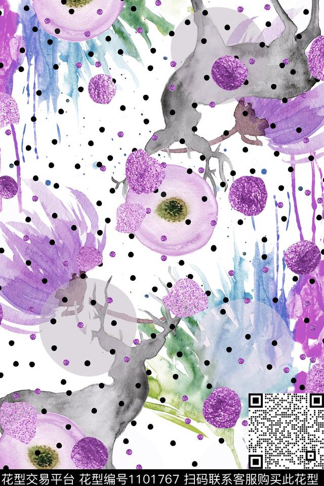 鹿水墨风波点数码印花华亿平台下载（图片编号: 1101767） - 瓦栏（Walan）