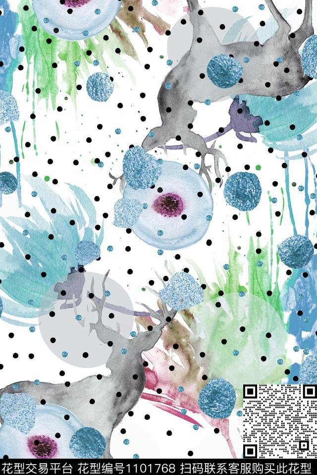 鹿水墨风波点数码印花华亿平台下载（图片编号: 1101768） - 瓦栏（Walan）