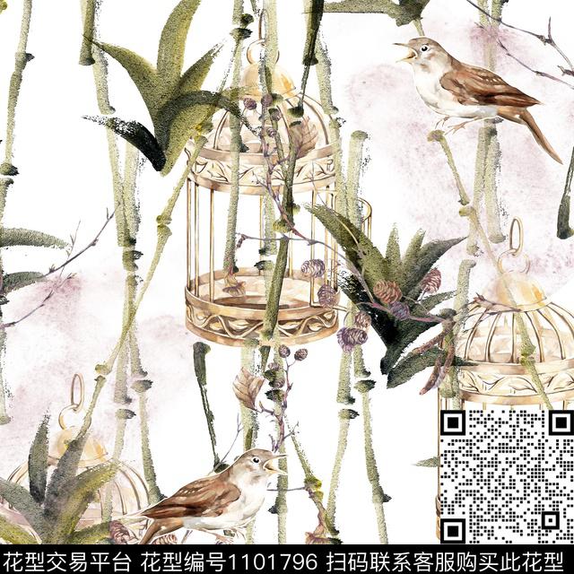鸟竹子中国风数码印花华亿平台下载（图片编号: 1101796） - 瓦栏（Walan）