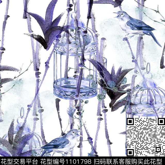 鸟竹子中国风数码印花华亿平台下载（图片编号: 1101798） - 瓦栏（Walan）