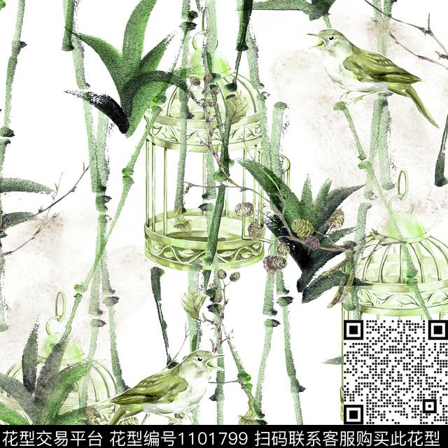 鸟竹子中国风数码印花华亿平台下载（图片编号: 1101799） - 瓦栏（Walan）