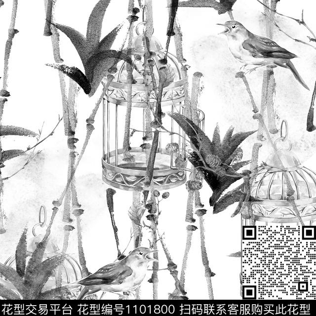 鸟竹子中国风数码印花华亿平台下载（图片编号: 1101800） - 瓦栏（Walan）