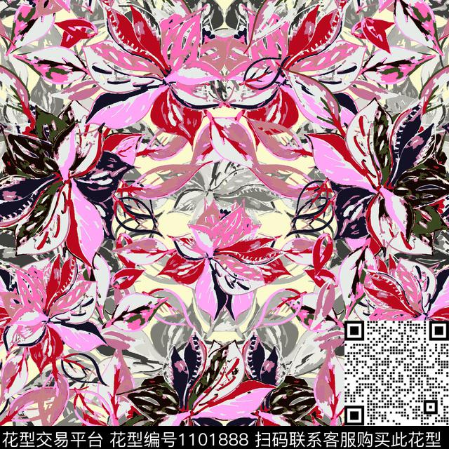 绿植树叶花卉对称花数码印花华亿平台下载（图片编号: 1101888） - 瓦栏（Walan）