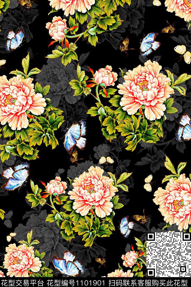手绘花卉女装牡丹数码印花华亿平台下载（图片编号: 1101901） - 瓦栏（Walan）