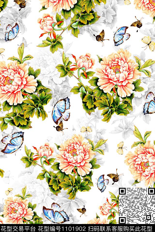 手绘花卉女装牡丹数码印花华亿平台下载（图片编号: 1101902） - 瓦栏（Walan）