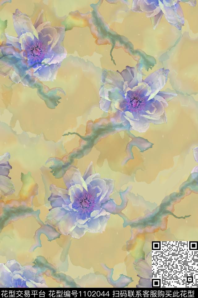大花雪纺水彩花卉数码印花华亿平台下载（图片编号: 1102044） - 瓦栏（Walan）