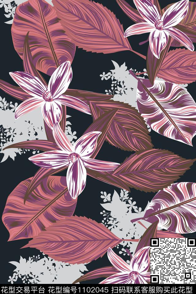 大花植物热带华亿平台数码印花华亿平台下载（图片编号: 1102045） - 瓦栏（Walan）