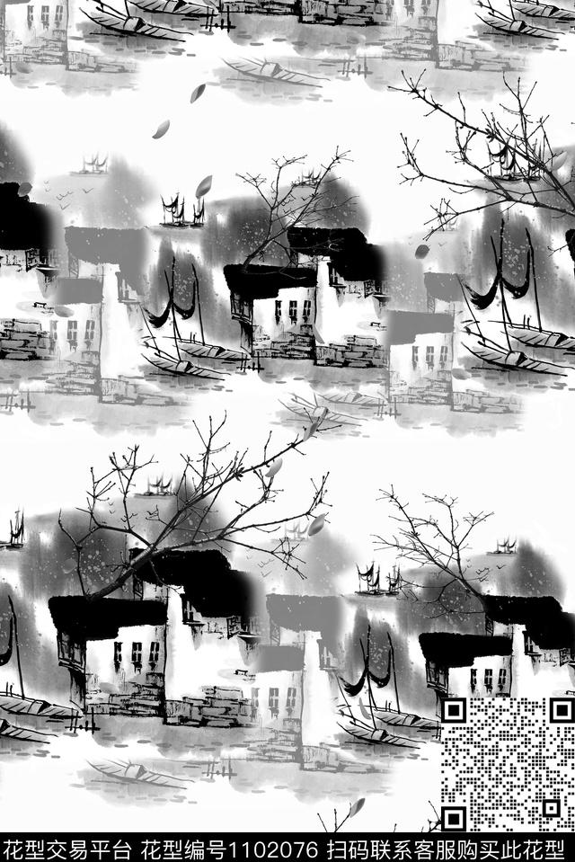水墨风黑白系列中国风数码印花华亿平台下载（图片编号: 1102076） - 瓦栏（Walan）
