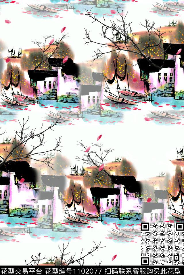 水墨风黑白系列中国风数码印花华亿平台下载（图片编号: 1102077） - 瓦栏（Walan）