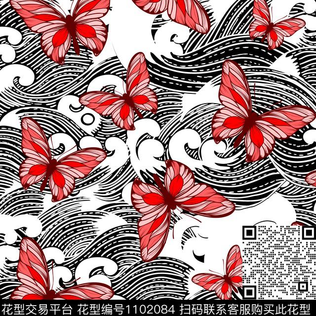 数码华亿平台花卉蝴蝶浪花传统印花华亿平台下载（图片编号: 1102084） - 瓦栏（Walan）