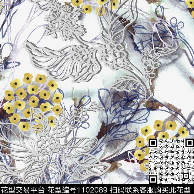 线条花卉抽象数码印花华亿平台下载（图片编号: 1102089） - 瓦栏（Walan）