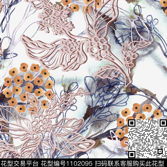 线条花卉抽象数码印花华亿平台下载（图片编号: 1102095） - 瓦栏（Walan）