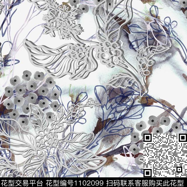 线条花卉抽象数码印花华亿平台下载（图片编号: 1102099） - 瓦栏（Walan）