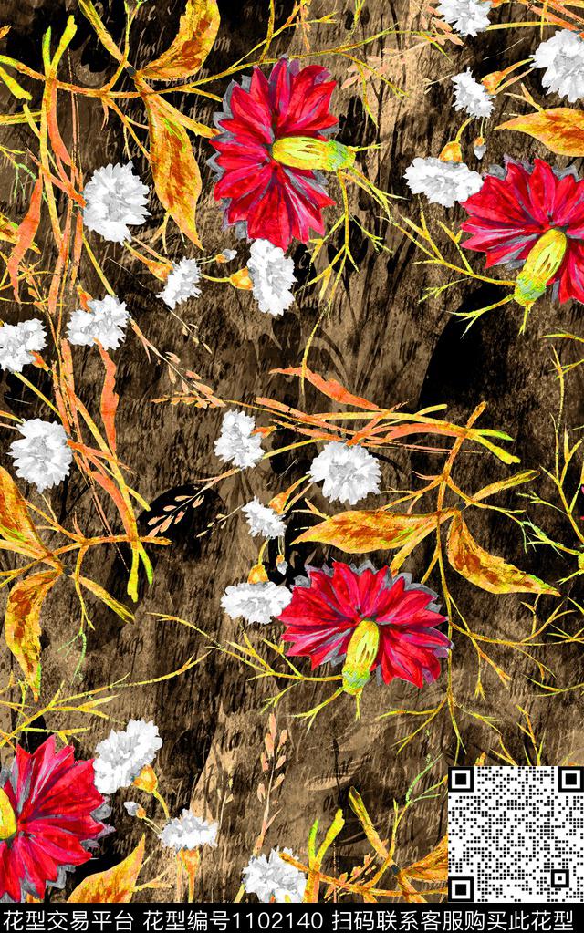 肌理花卉手绘花卉数码印花华亿平台下载（图片编号: 1102140） - 瓦栏（Walan）