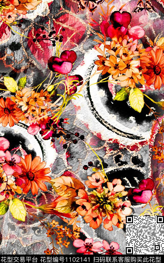 肌理花卉手绘花卉数码印花华亿平台下载（图片编号: 1102141） - 瓦栏（Walan）