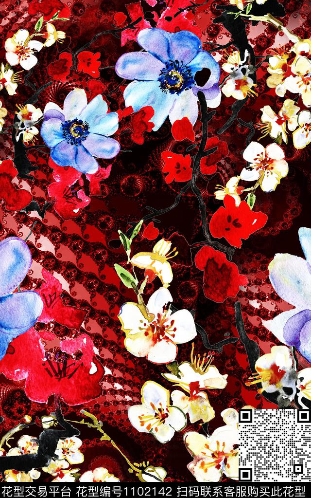 肌理花卉手绘花卉数码印花华亿平台下载（图片编号: 1102142） - 瓦栏（Walan）