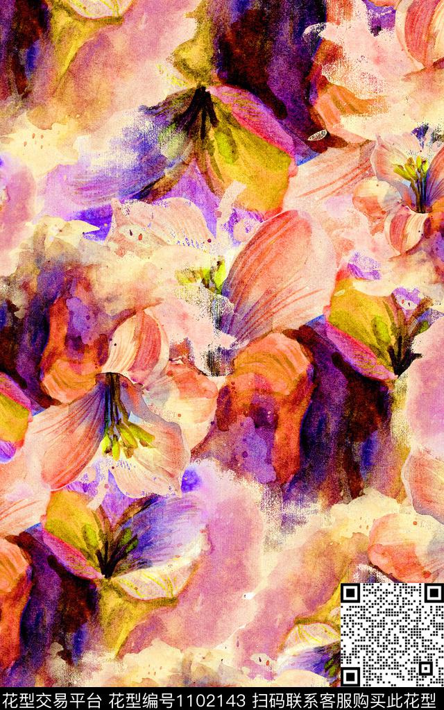 抽象花卉笔触数码印花华亿平台下载（图片编号: 1102143） - 瓦栏（Walan）