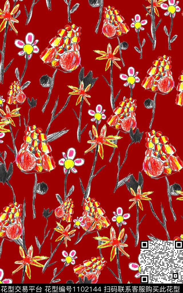 褪色花卉线条笔触数码印花华亿平台下载（图片编号: 1102144） - 瓦栏（Walan）