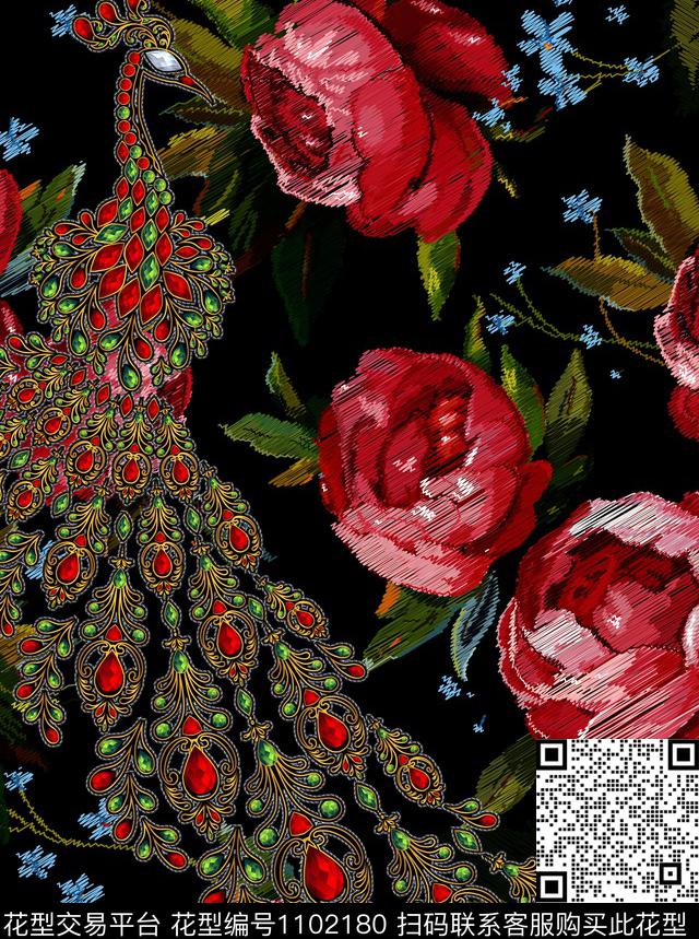 线条牡丹孔雀数码印花华亿平台下载（图片编号: 1102180） - 瓦栏（Walan）