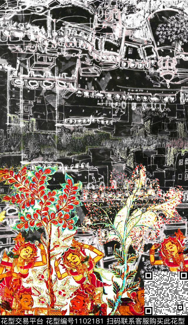 线条民族风笔触数码印花华亿平台下载（图片编号: 1102181） - 瓦栏（Walan）