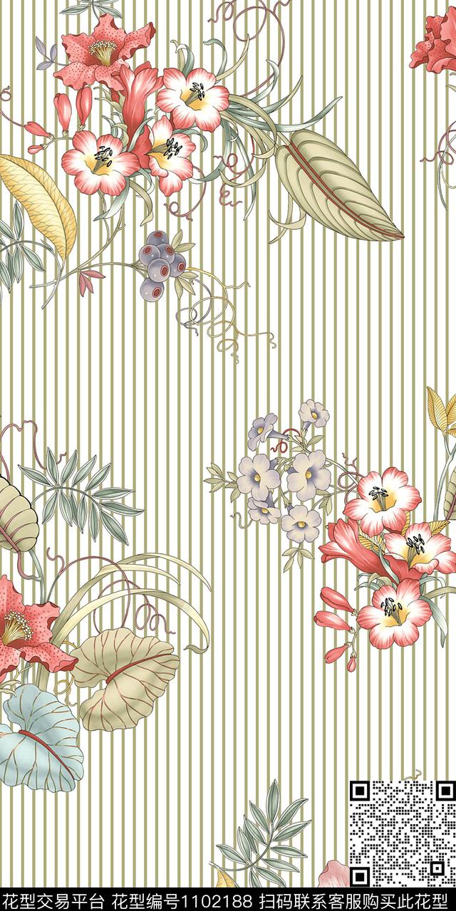 黑白条纹植物牵牛花数码印花华亿平台下载（图片编号: 1102188） - 瓦栏（Walan）