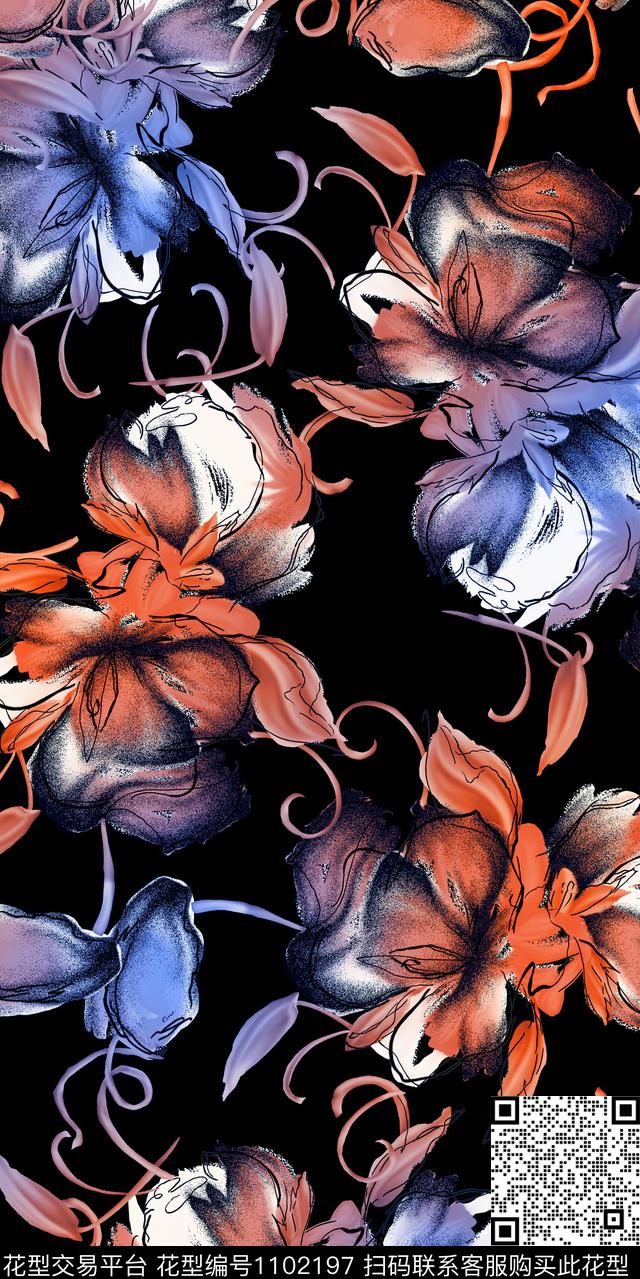 花卉水彩花卉线花数码印花华亿平台下载（图片编号: 1102197） - 瓦栏（Walan）