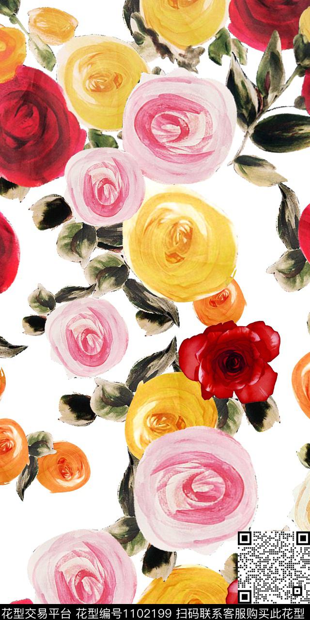 水彩花卉玫瑰花满版散花数码印花华亿平台下载（图片编号: 1102199） - 瓦栏（Walan）