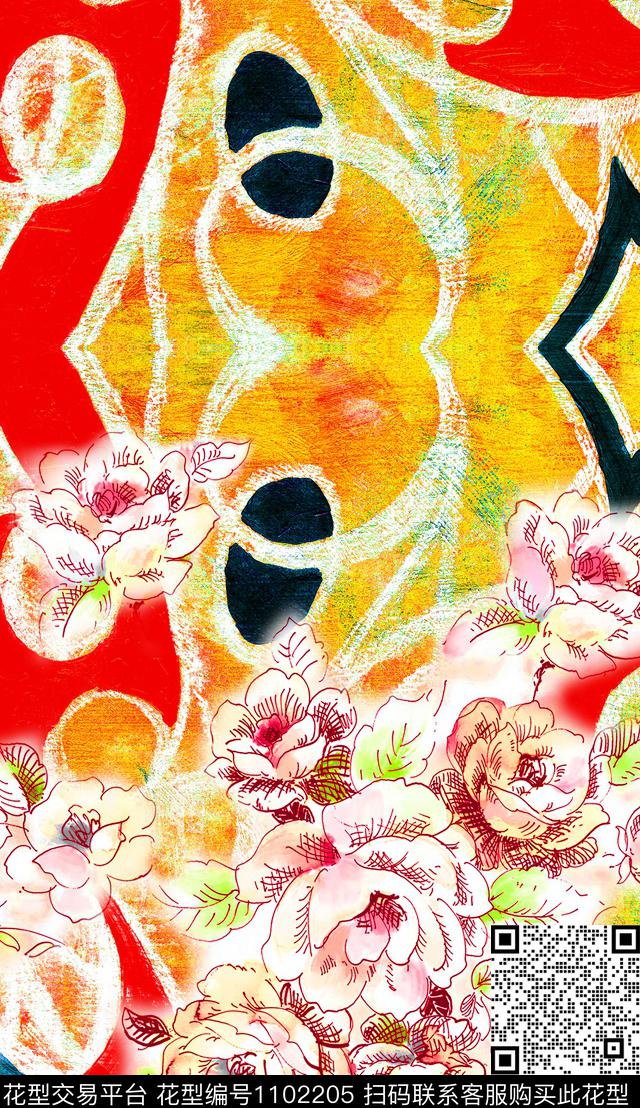 线条花卉笔触数码印花华亿平台下载（图片编号: 1102205） - 瓦栏（Walan）