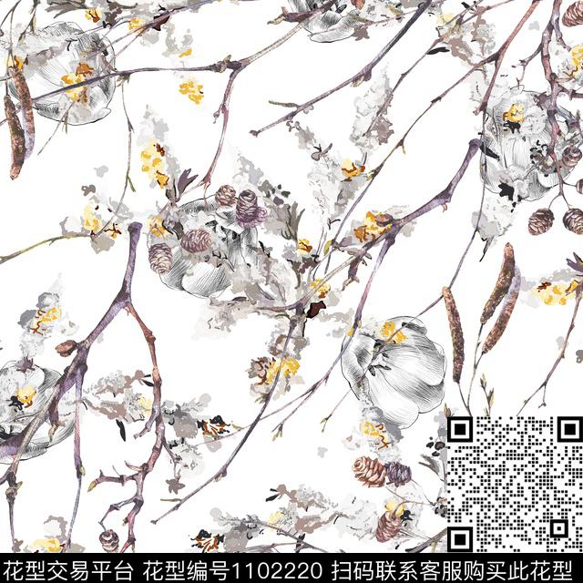 抽象花卉松果数码印花华亿平台下载（图片编号: 1102220） - 瓦栏（Walan）