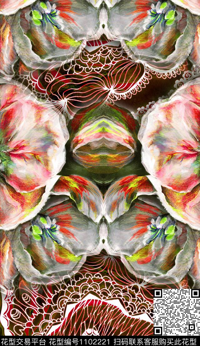 线条花卉笔触数码印花华亿平台下载（图片编号: 1102221） - 瓦栏（Walan）