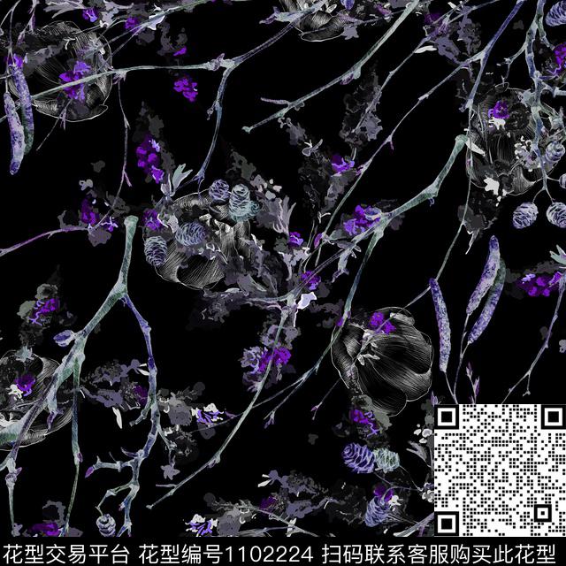 抽象花卉松果数码印花华亿平台下载（图片编号: 1102224） - 瓦栏（Walan）