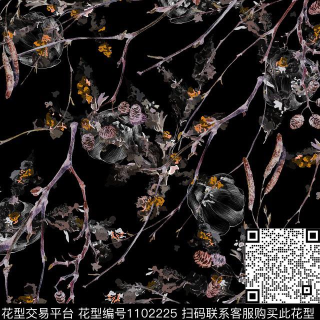 抽象花卉松果数码印花华亿平台下载（图片编号: 1102225） - 瓦栏（Walan）