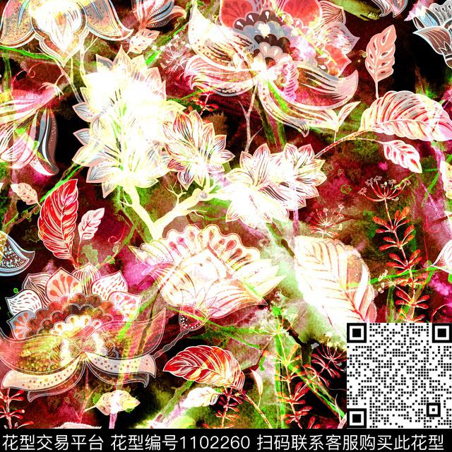 肌理手绘花卉花卉数码印花华亿平台下载（图片编号: 1102260） - 瓦栏（Walan）