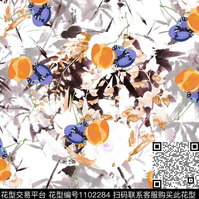 花卉水墨风樱桃数码印花华亿平台下载（图片编号: 1102284） - 瓦栏（Walan）