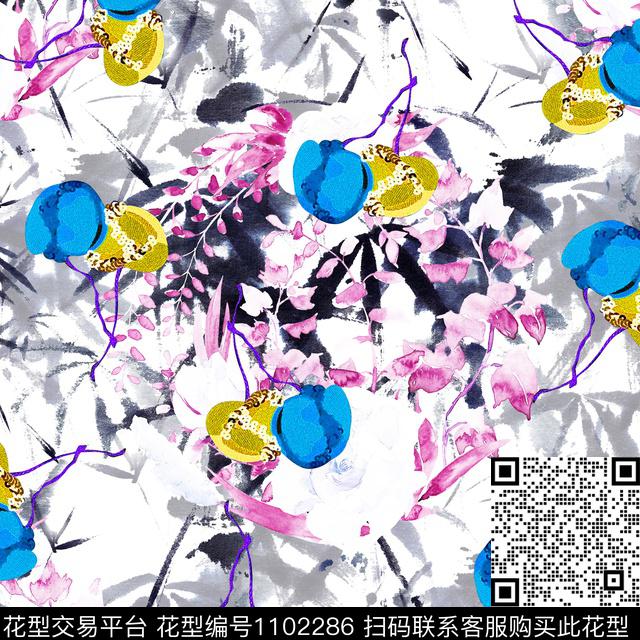 花卉水墨风樱桃数码印花华亿平台下载（图片编号: 1102286） - 瓦栏（Walan）