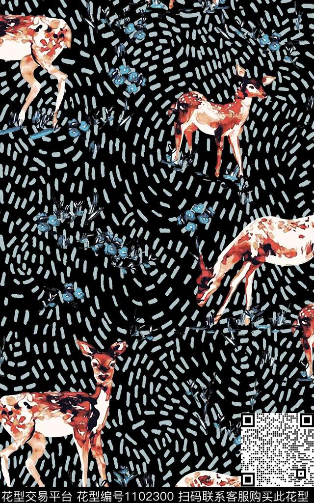复古动物黑底花卉数码印花华亿平台下载（图片编号: 1102300） - 瓦栏（Walan）