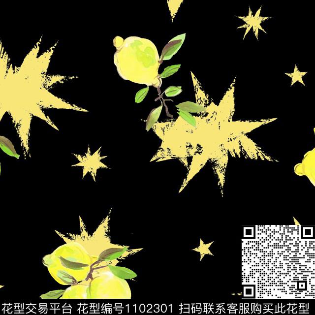 星星柠檬黑底花卉数码印花华亿平台下载（图片编号: 1102301） - 瓦栏（Walan）