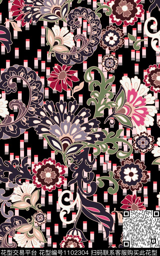 民族风花卉几何数码印花华亿平台下载（图片编号: 1102304） - 瓦栏（Walan）