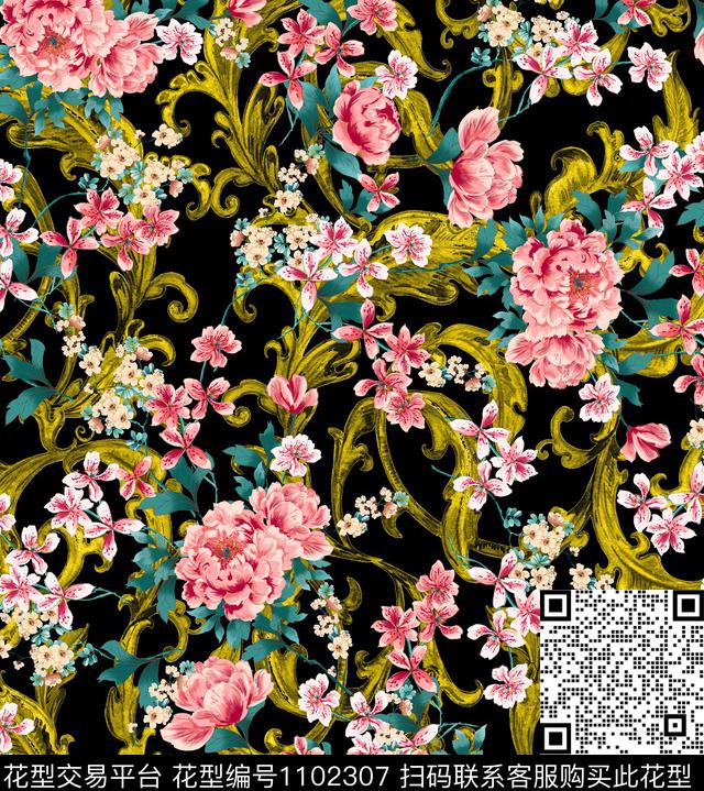 花卉复古欧洲数码印花华亿平台下载（图片编号: 1102307） - 瓦栏（Walan）