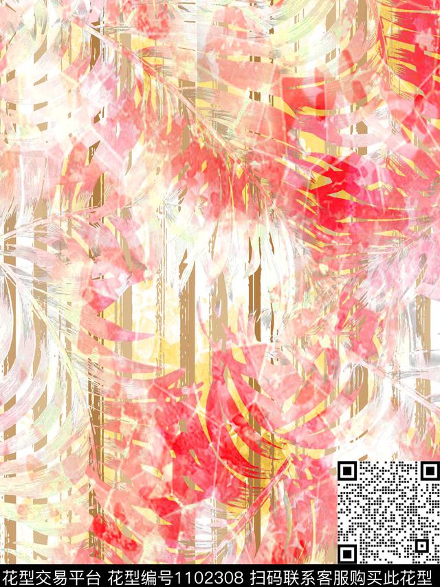 线条抽象绿植树叶数码印花华亿平台下载（图片编号: 1102308） - 瓦栏（Walan）