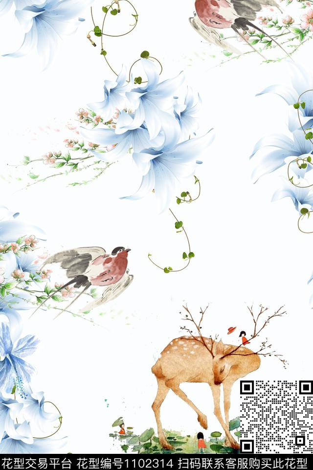 动物手绘花卉淑女数码印花华亿平台下载（图片编号: 1102314） - 瓦栏（Walan）
